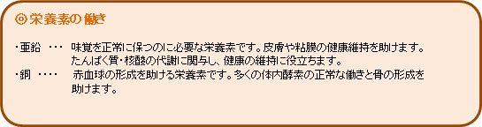 ◎栄養素の働き
・亜鉛 ・・・ 味覚を正常に保つのに必要な栄養素です。皮膚や粘膜の健康維持を助けます。たんぱく質・核酸の代謝に関与し、健康の維持に役立ちます。
・銅 ・・・・ 赤血球の形成を助ける栄養素です。多くの体内酵素の正常な働きと骨の形成を助けます。